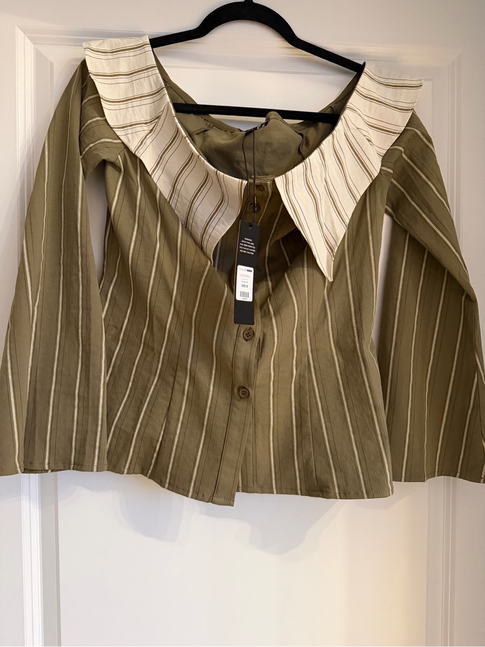 Fashion Nova Olive Green Striped Button Down Top with Cream Collar